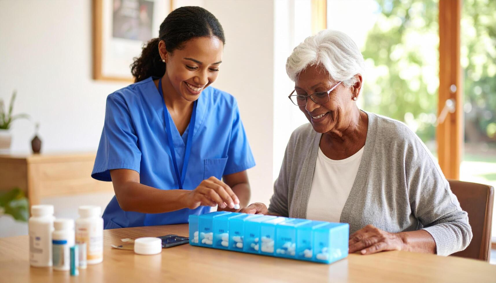 Caregiver assisting an elderly woman with her medication